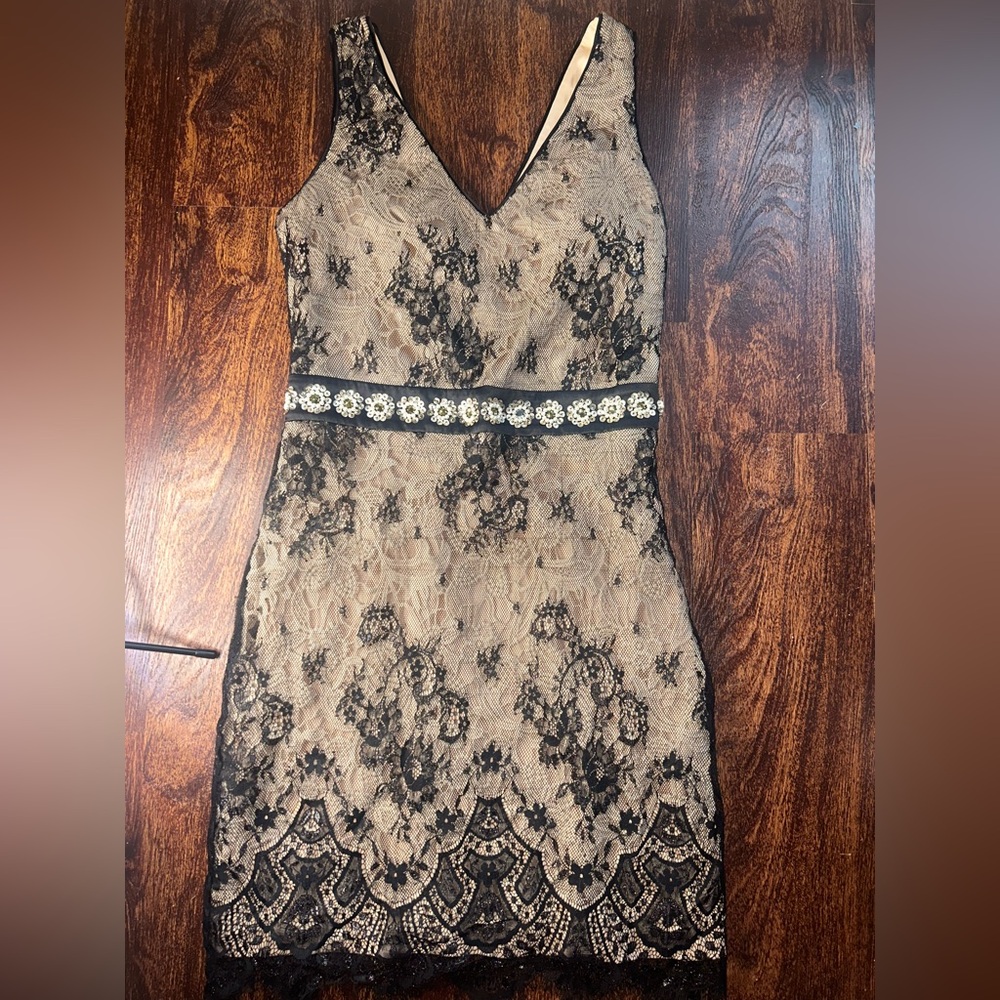 Sleeveless Lace Sheath Dress in Beige and Black